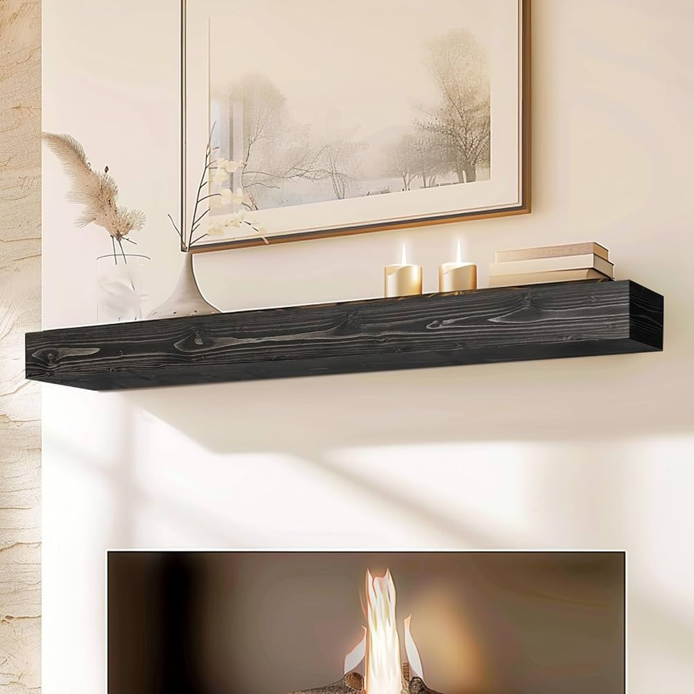 60x8x5 Fireplace Mantel - Handcrafted Hollow Rustic Solid Wood Wall Mounted Floating Shelf with I... | Amazon (US)