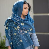 Blue Embroidered Scarf With Dandelion Embroidery, Linen Shawl, Flowers Embroidery Scarf, Embroidered Wrap For Women, Gift Her | Etsy (US)