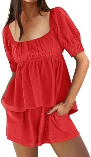 Tankaneo Womens 2 Piece Outfits Summer Square Neck Short Puff Sleeve Babydoll Tops and Shorts Mat... | Amazon (US)