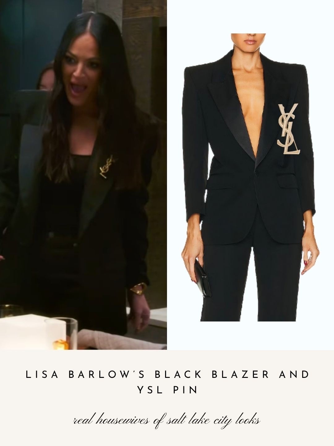 Lisa Barlow’s Black Blazer and YSL Pin