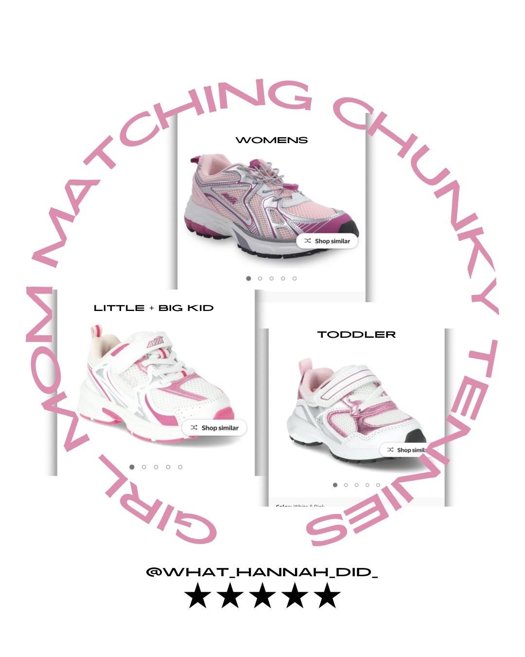 The cutest pink chunky Tennies for matching with your littles! Love the bungee feature on the women’s pair. The girls and toddler styles are very squishy, bendable footbed, and easy on.
