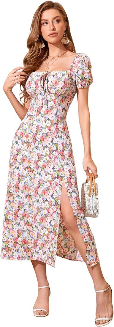 WDIRARA Women's Floral Print Puff Sleeve Square Neck Tie Front Split Thigh Dress | Amazon (US)