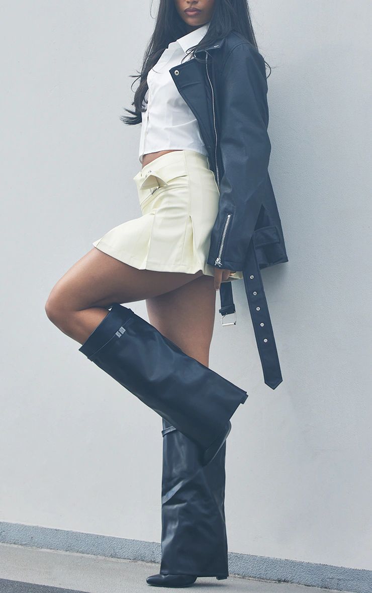 Black PU Matte Fold Over Knee Block Heeled Boots | PrettyLittleThing US