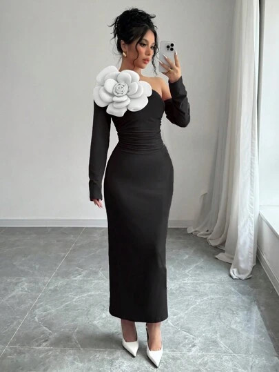 SHEIN Raffinéa Women's Oblique Shoulder Patchwork 3D Flower Waist Ruffle Elastic Waist Slimming ... | SHEIN