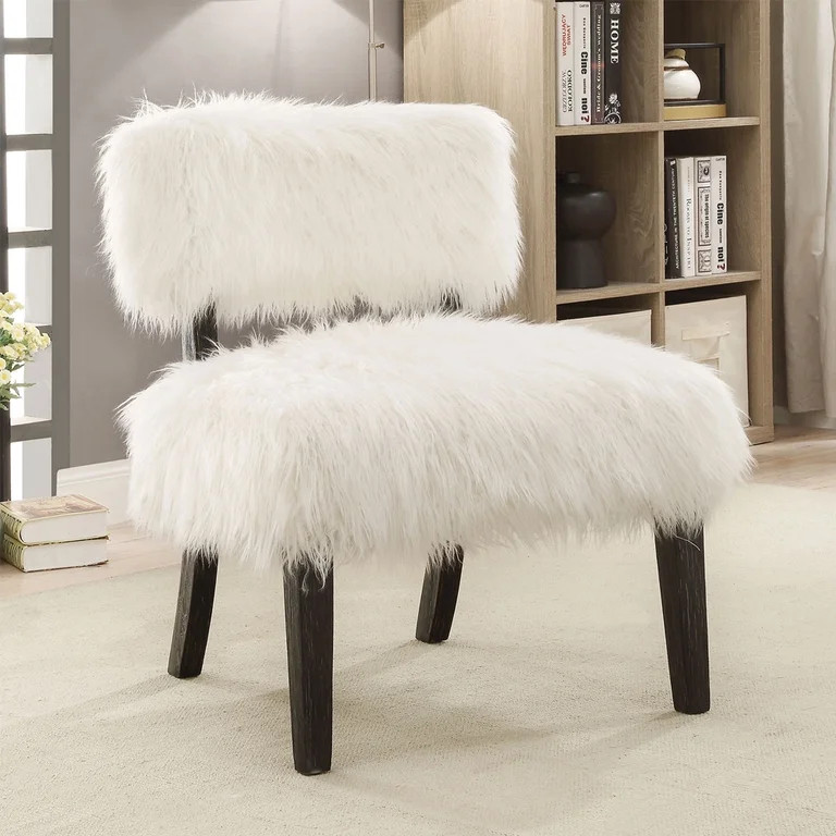 Faux Fur Upholstered Contemporary Wooden Accent Chair, White And Black | Walmart (US)