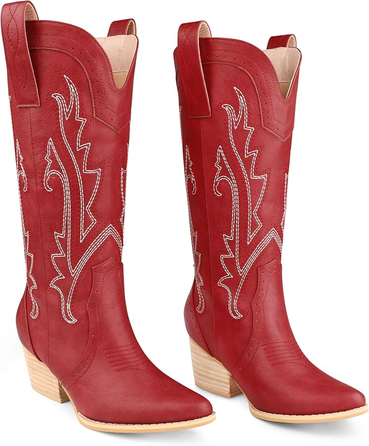 Zzheels Women Mid-calf Cowboy Boots Pointy Toe Boot Embroidered Western Cowgirl Boots Chunky Heel... | Amazon (US)
