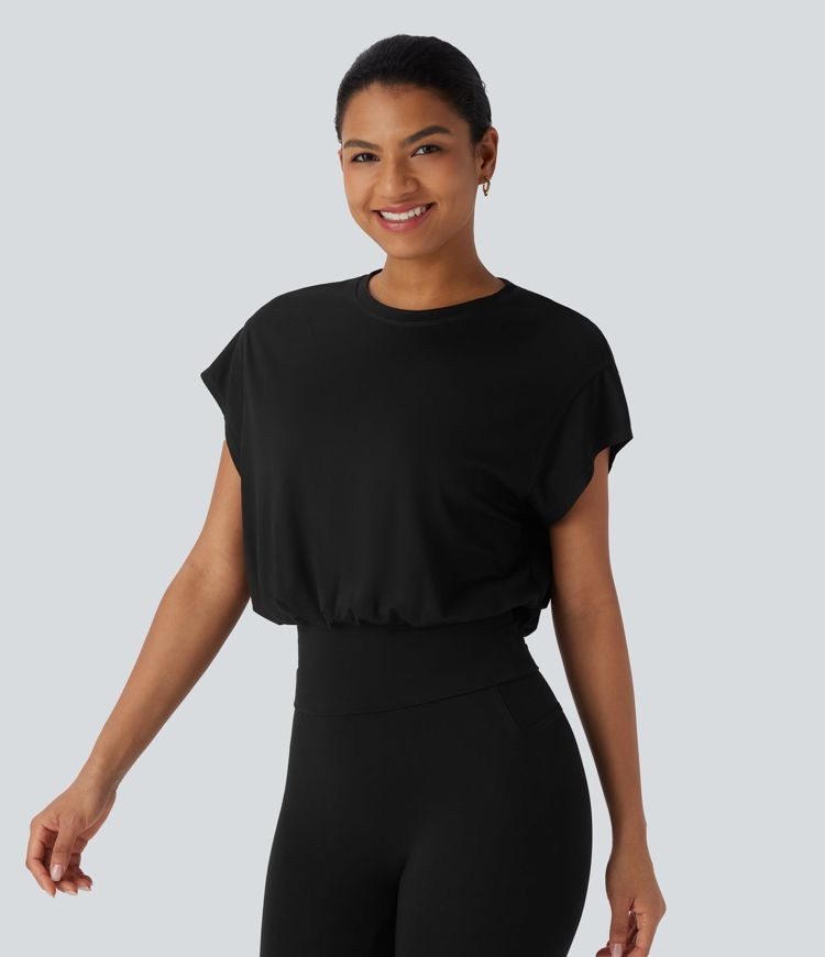 Round Neck Short Batwing Sleeve Work T-Shirt | HALARA