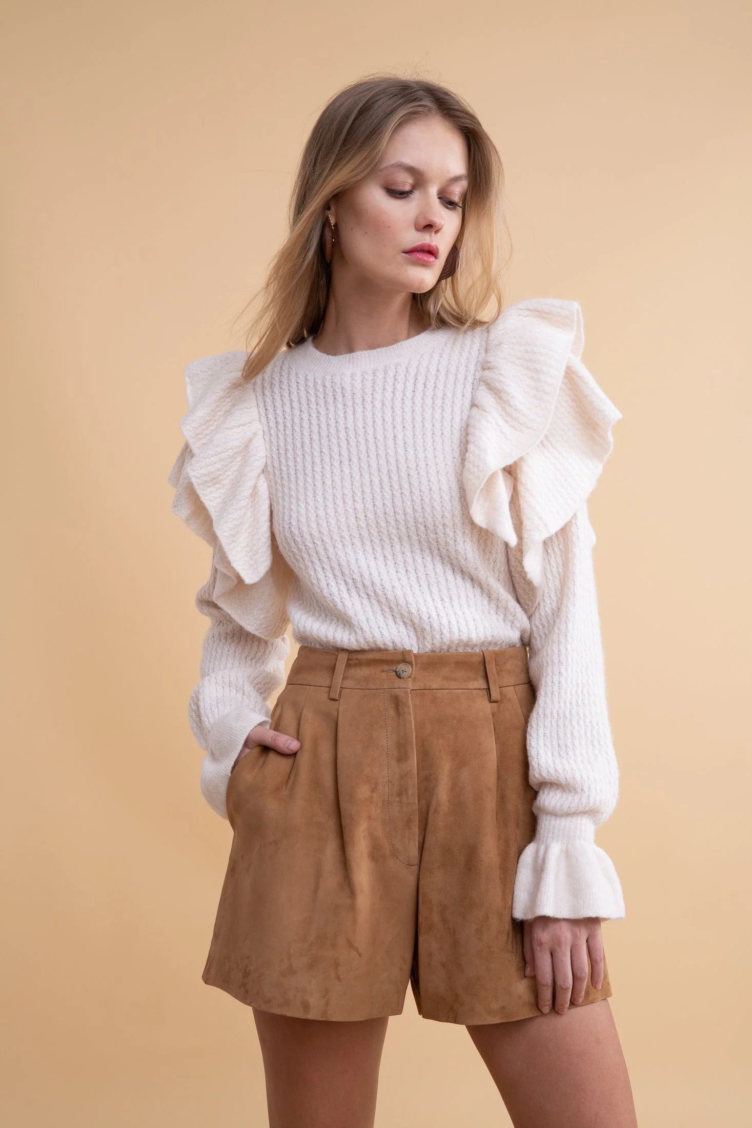 Pointelle Ruffle Sweater - Beige | Rachel Parcell