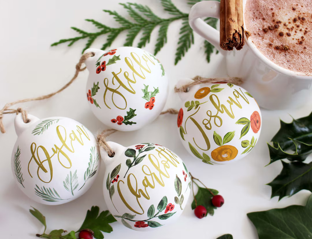 Personalised Baubles - Hand Painted and Hand Lettered, Gold Calligraphy and Greenery, Berries, Pi... | Etsy (US)