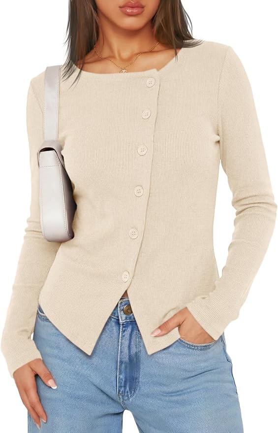 Cicy Bell Women's Long Sleeve Asymmetrical Ribbed Tops Button Down Shirts | Amazon (US)