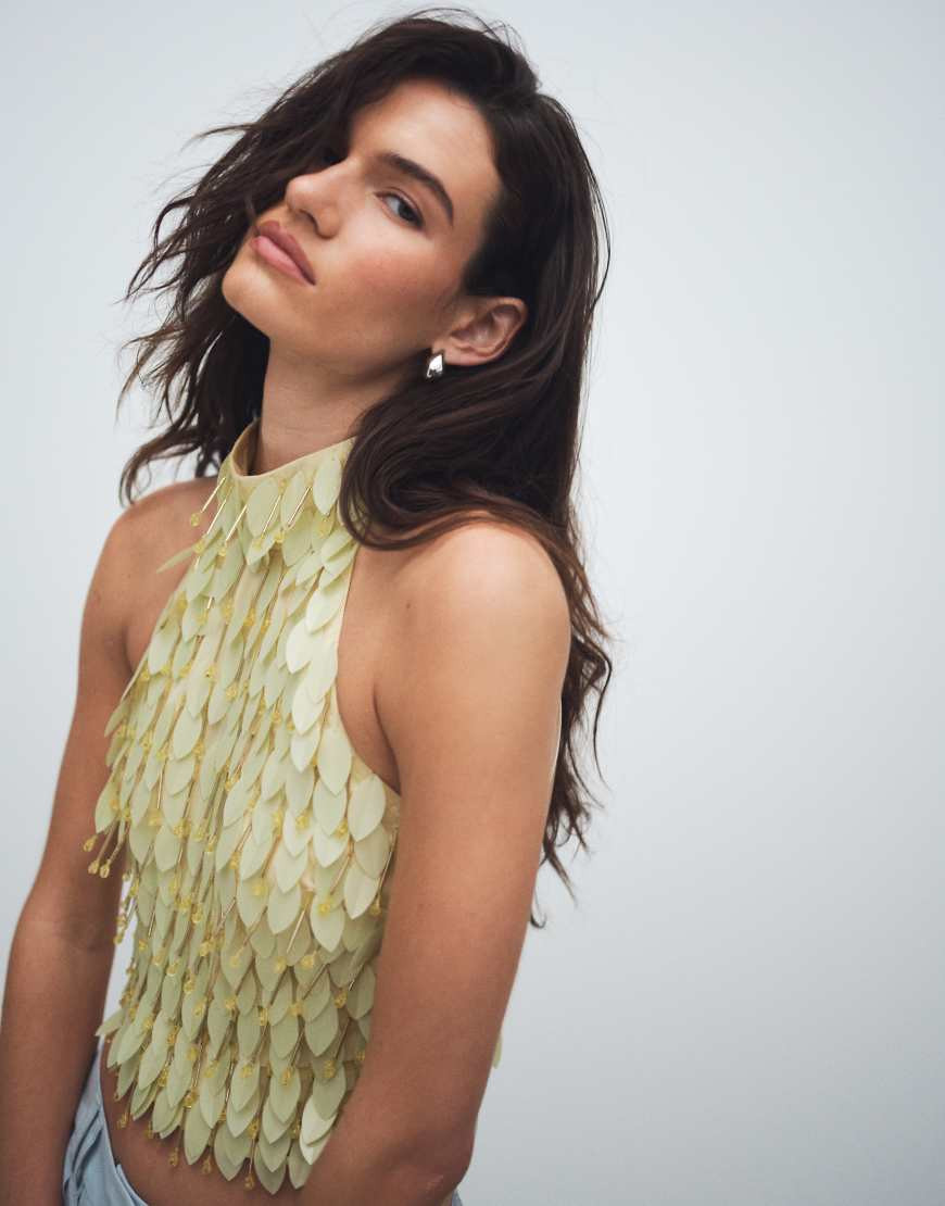 ASOS DESIGN leaf embellished halter top in yellow | ASOS (Global)