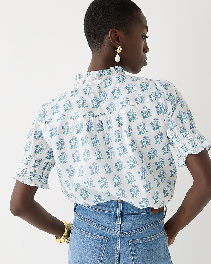 SZ Blockprints™ X J.Crew smocked puff-sleeve top in blue paisley | J. Crew US