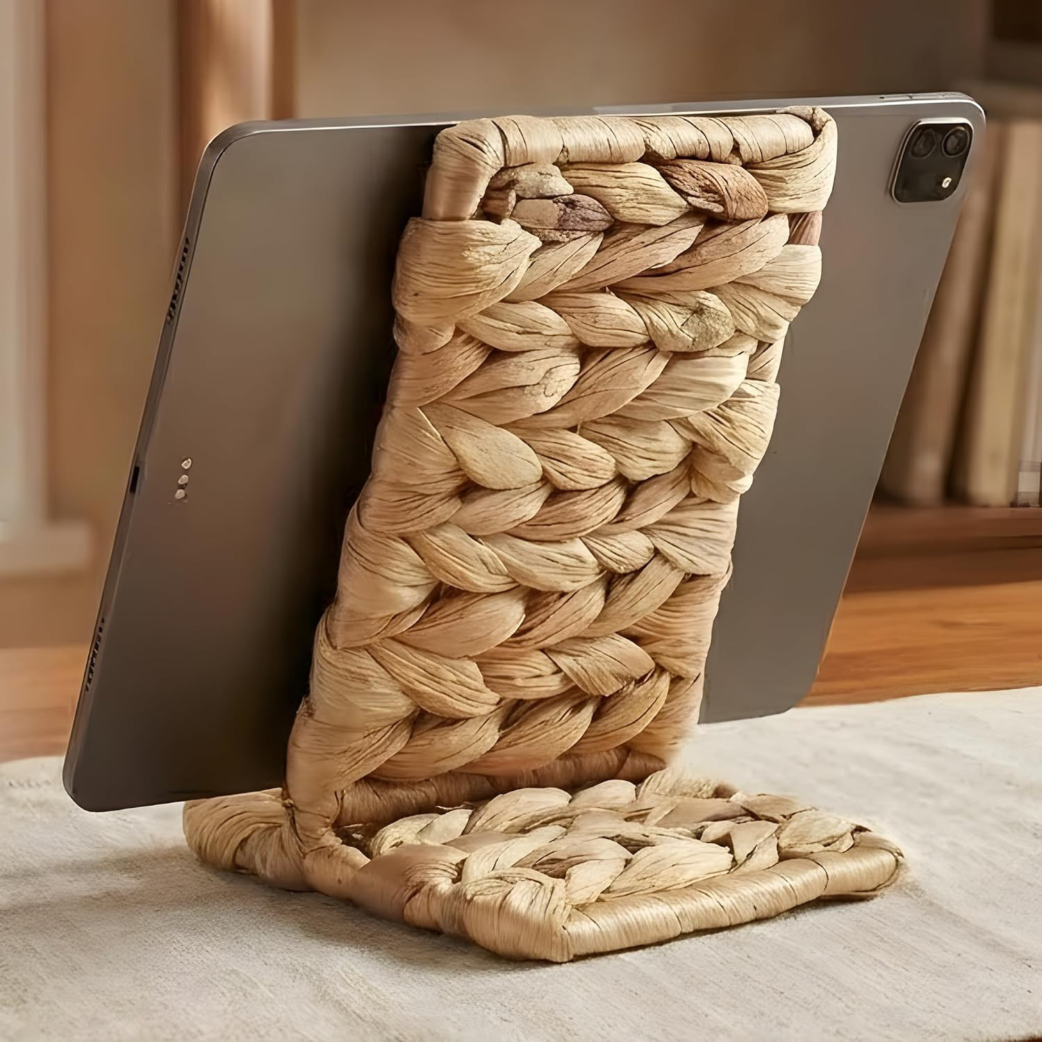 Ahyra Handwoven Water Hyacinth Phone Stand for Desk, Mid-Century Cell Phone Holder, Sturdy Tablet Stand for Office, Cute Boho Home Decor (Natural, Standard) | Amazon (US)