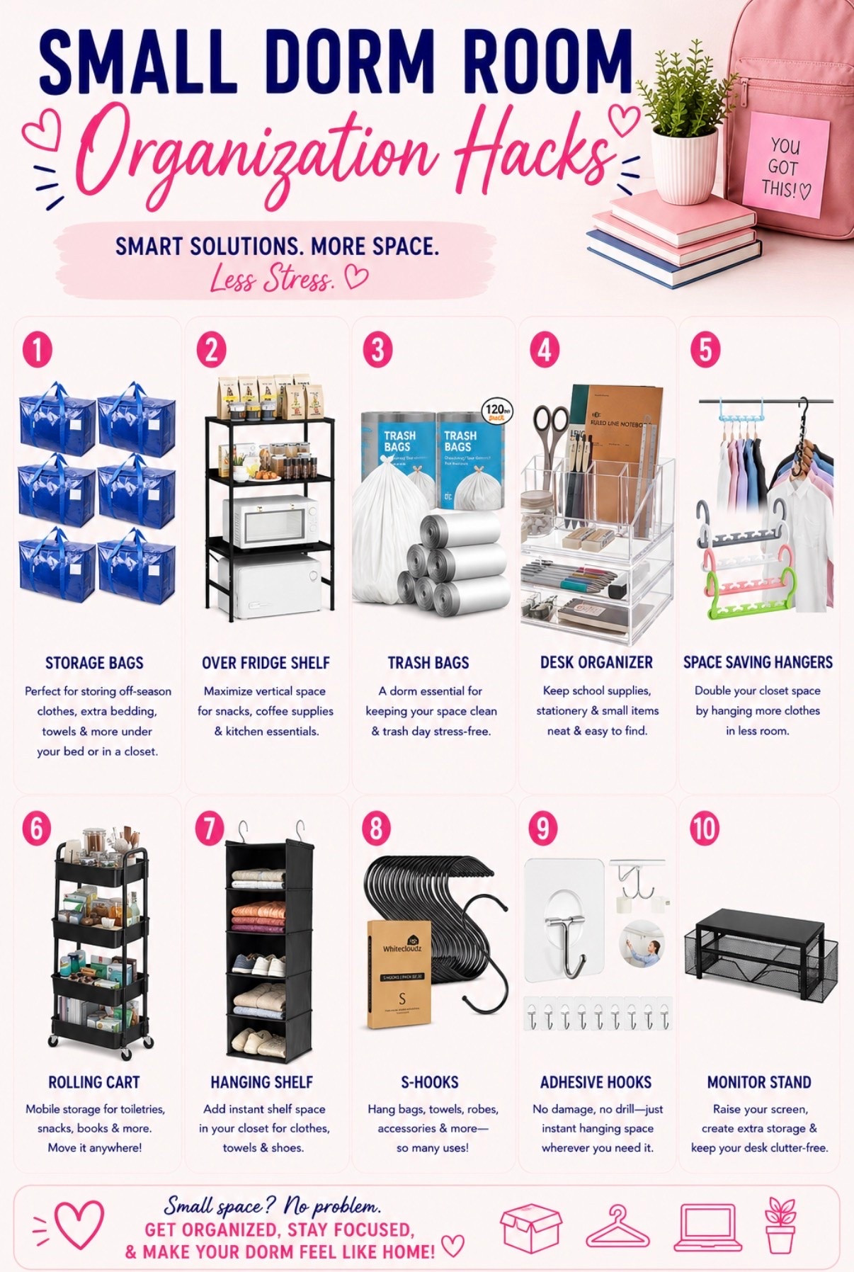 📦 Small dorm room? No problem. 🙌

The secret isn’t having more space—it’s making the most of the space you have. These organization hacks will help keep your dorm neat, clutter-free, and functional all semester long.

From over-the-fridge storage and rolling carts to space-saving hangers, storage bins, desk organizers, and adhesive hooks, these are the products that make a tiny dorm feel twice as big.

✨ Save this post before move-in day and thank yourself later!
#DormOrganization #CollegeMoveIn #DormRoomHacks #CollegeEssentials #AmazonFinds

#LTKU #LTKmomlife #LTKHome