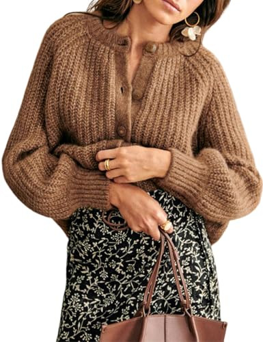 Wyeysyt Womens Cardigan Sweater Button Down Long Sleeve Chunky Soft Knit Sweater Fall Open Front Loose Casual Cardigan Coat(Brown-M) | Amazon (US)