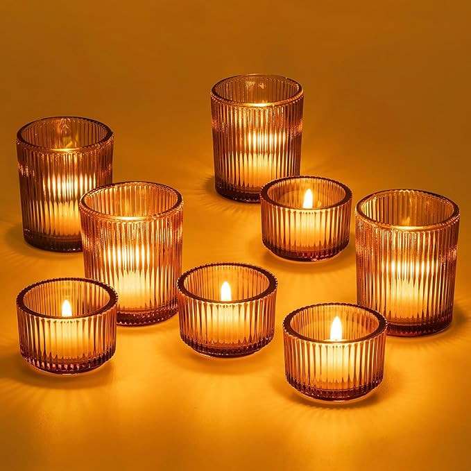 Hewory Glass Tealight Candle Holder: 8 Pcs Amber Votive Candle Holders Tea Lights Candle Holder, ... | Amazon (US)