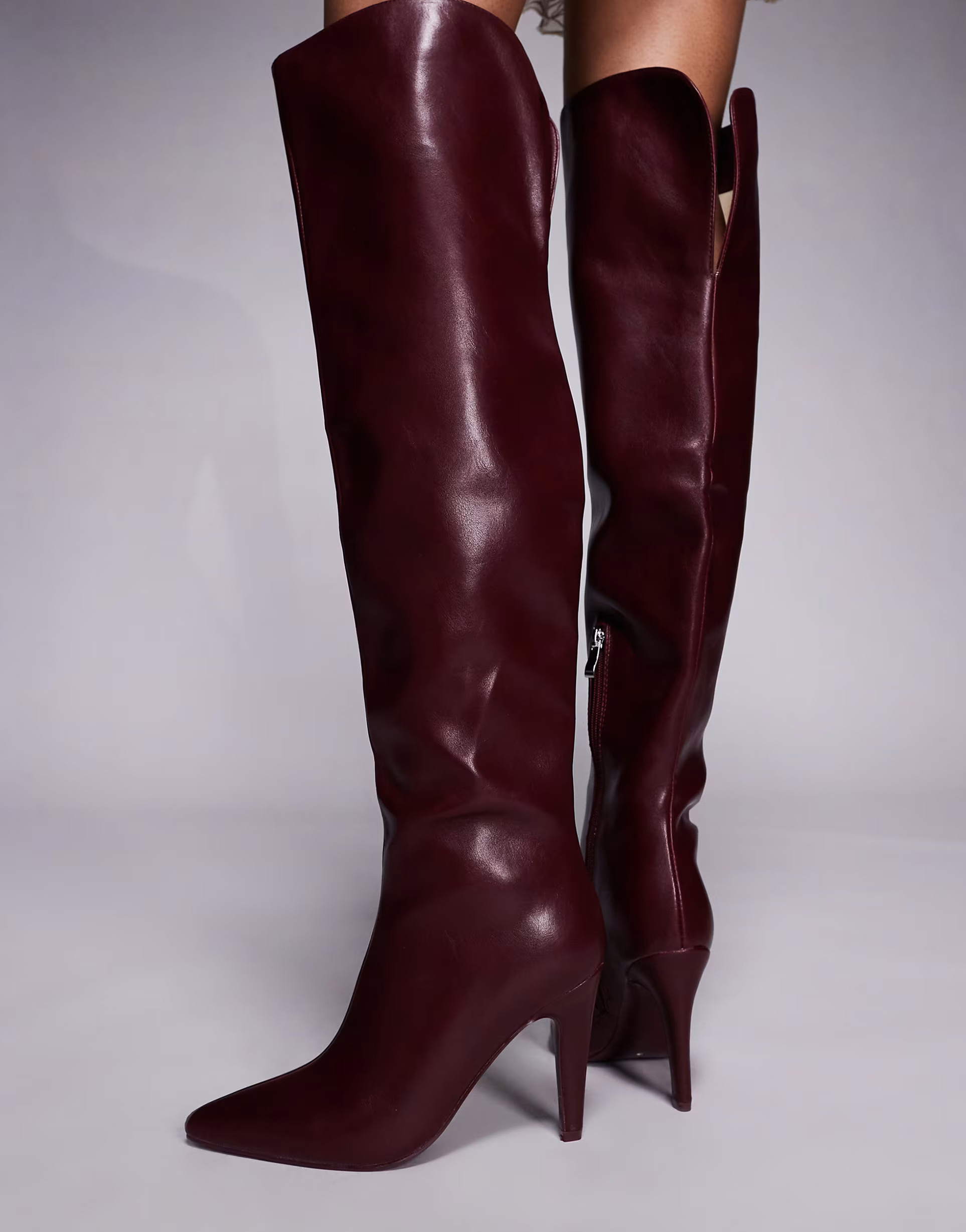 Azalea Wang Beaucoup heeled over the knee boots in burgundy | ASOS (Global)