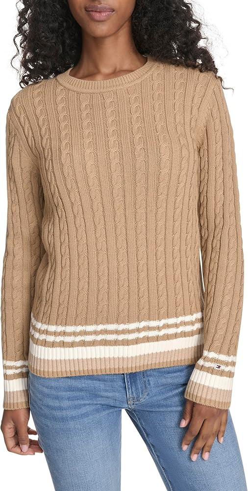 Tommy Hilfiger Womens Cotton Crewneck Cable Sweater | Amazon (US)