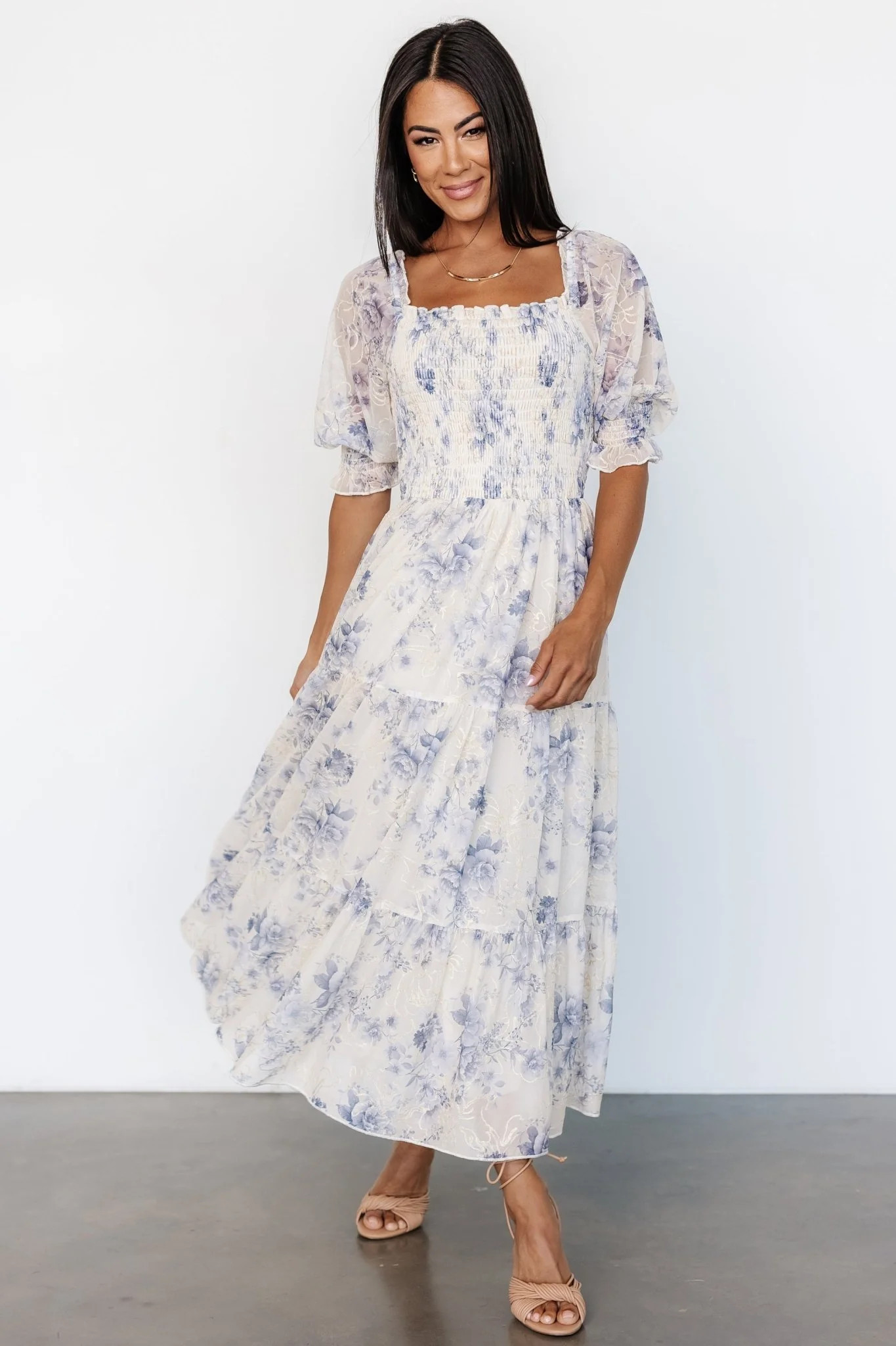 Fabian Jacquard Midi Dress | Cream + Blue Floral | Baltic Born