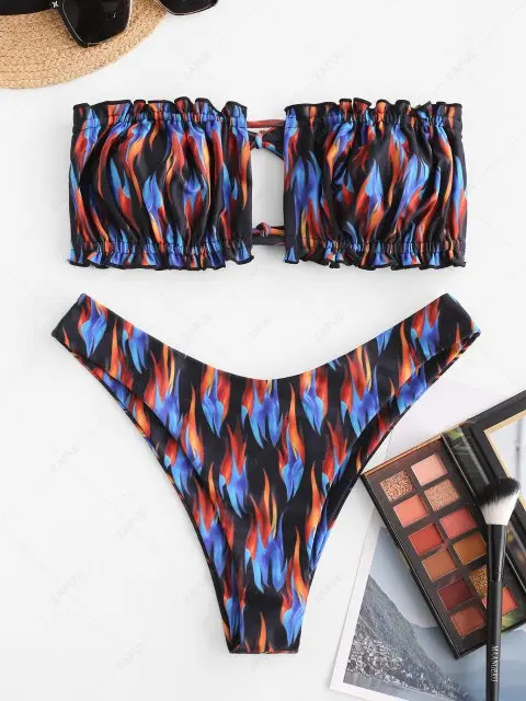 ZAFUL Flame Print Ruched Convertible Bandeau Bikini Swimwear | ZAFUL (Global)