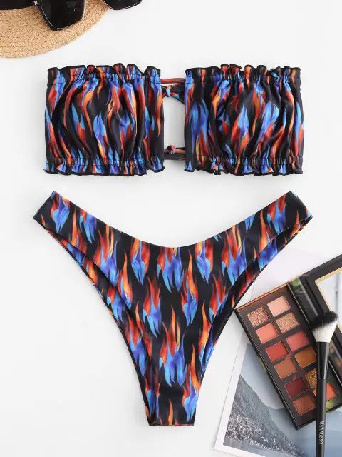 ZAFUL Flame Print Ruched Convertible Bandeau Bikini Swimwear | ZAFUL (Global)