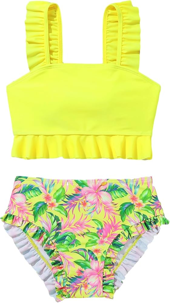 SOLY HUX Girl's 2 Piece Swimsuit Floral Print Ruffle Trim Bikini Set Bathing Suits | Amazon (US)