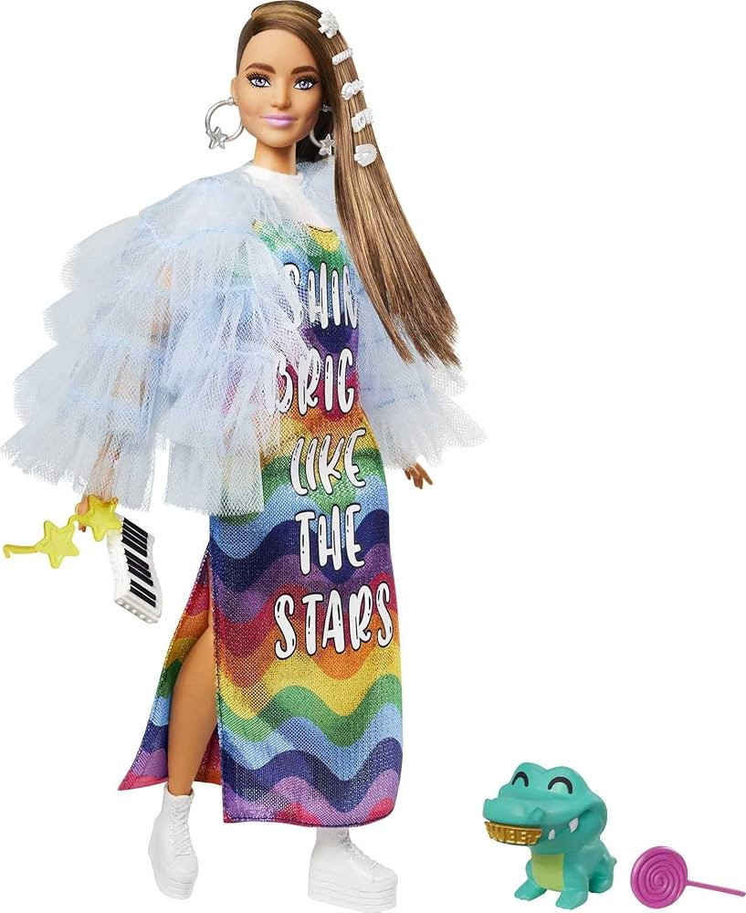 Barbie Extra Doll & Accessories with Long Brunette Hair and Bling Clips in Multi-Colored Dress wi... | Amazon (US)