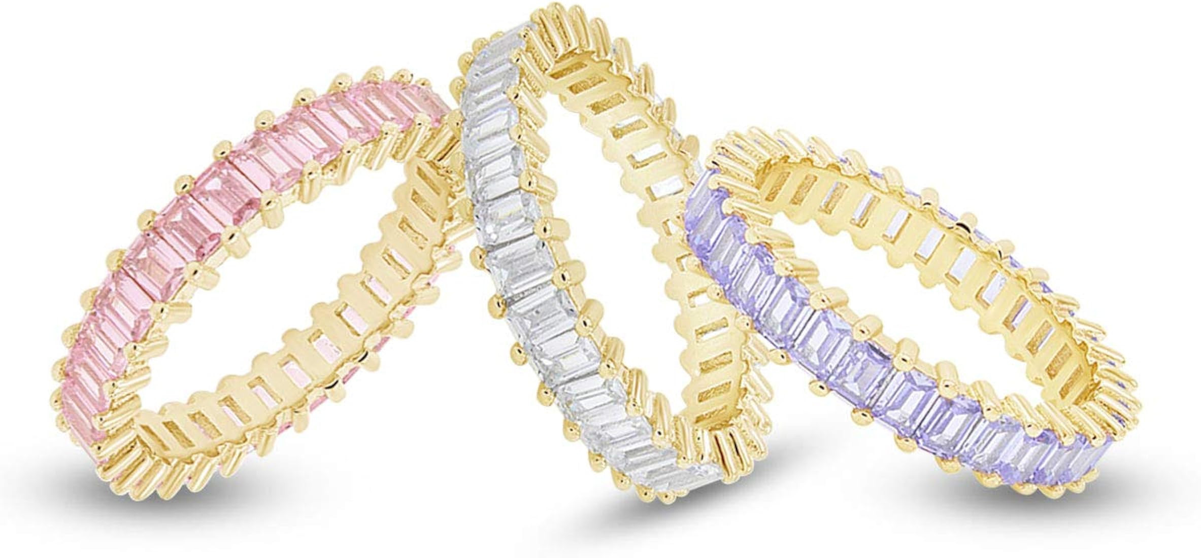 AFFY Set of 3 Pastel Rainbow Baguette Band Ring Anniversary Eternity Band Cubic Zirconia Crystal ... | Amazon (US)