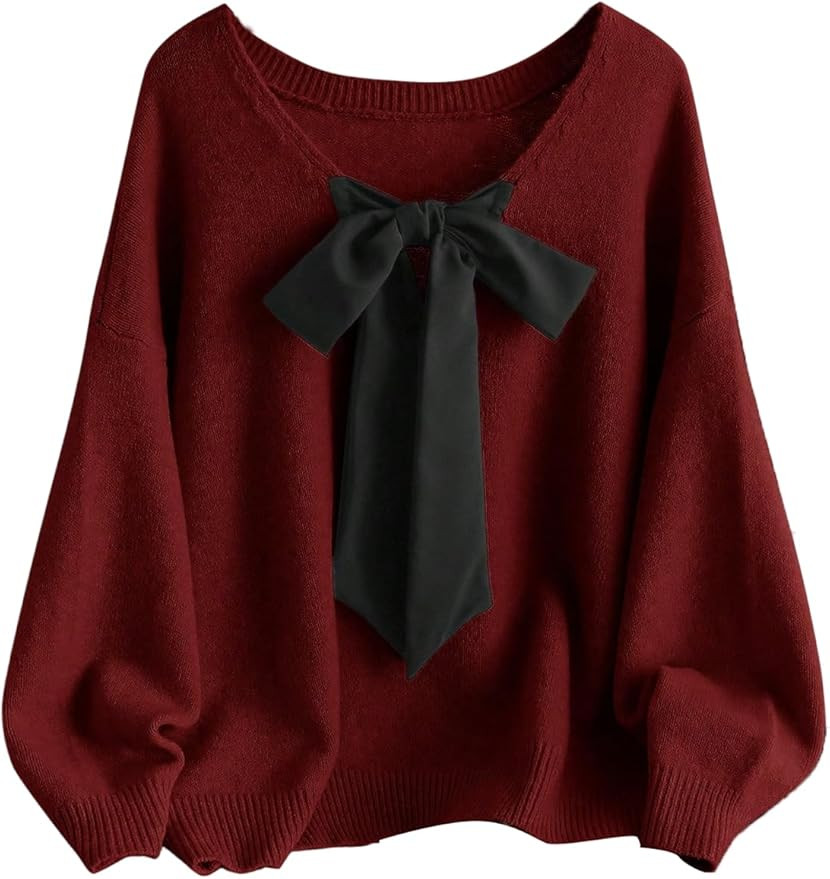 SOLY HUX Women's Plus Size Sweaters Pullover Bowknot V Neck Long Sleeve Knit Tops Fall Clothes | Amazon (US)