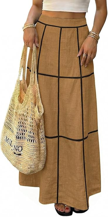EXLURA Women's Faux Linen Boho Maxi Skirt Grid High Waist Long Flowy Skirts Summer Beach Vacation... | Amazon (US)