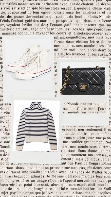 Want the ultimate classic styles added to your wardrobe? We adore cream All Star '70s High Top Converse Sneakers, a cream & navy striped KULE sweater and  the Chanel Black Lambskin 2.55 9" Bag. #stripes #sweater #chanel #chanelbag #giftguide 

#LTKstyletip #LTKitbag #LTKHoliday
