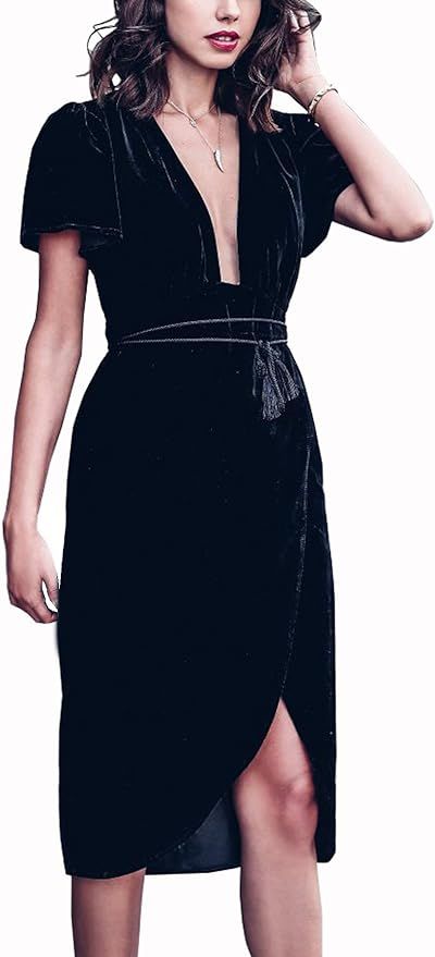 R.Vivimos Womens Velvet Elegant Deep V Neck Short Sleeve High Low Midi Dresses | Amazon (US)