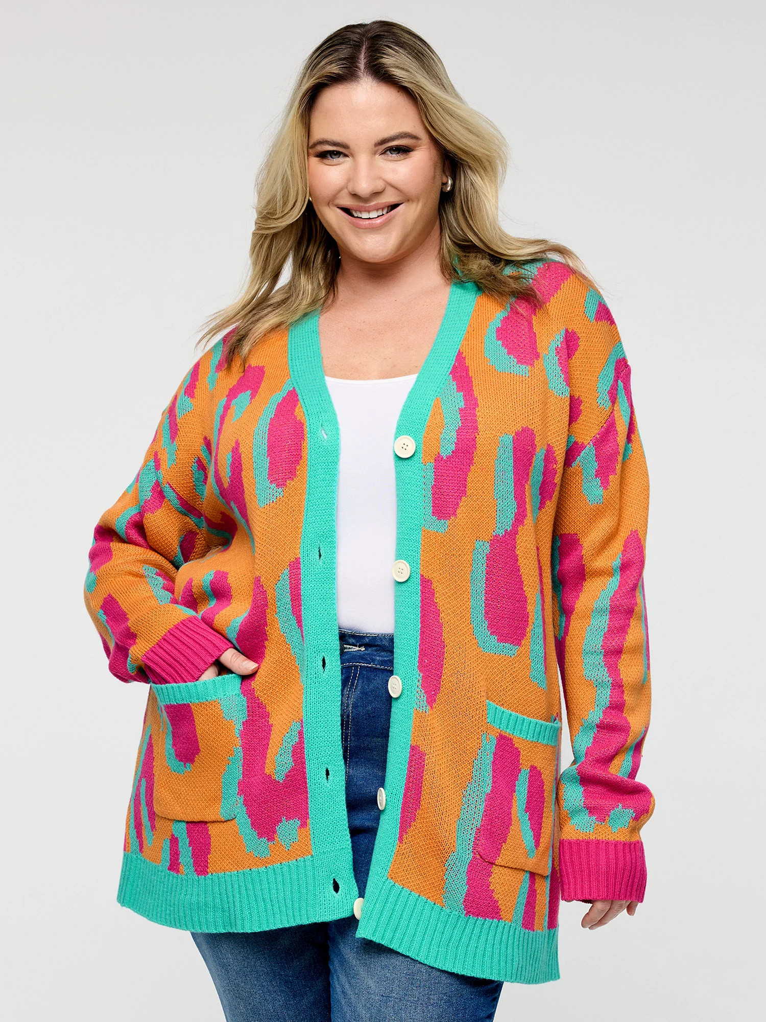 Colorful Leopard Button Pockets Knit Cardigan | Bloomchic
