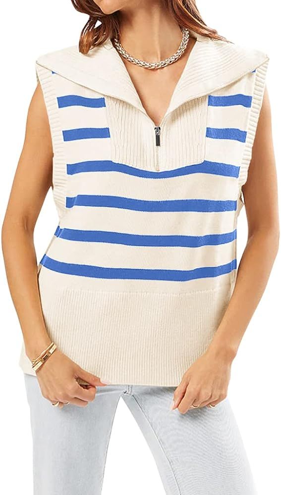 Womens Striped Zipper Sweater Vest Tank Tops Lapel Summer Sleeveless Pullover Casual Lightweight ... | Amazon (US)