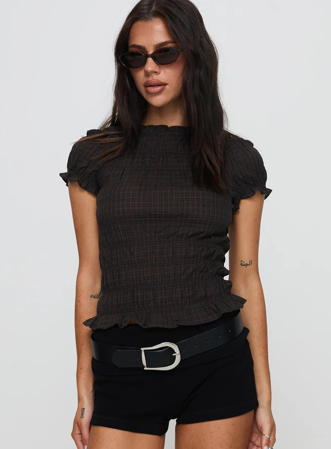 Romelle Shirred Top Black / Brown Plaid | Princess Polly US