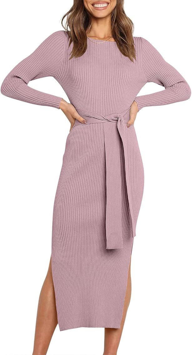 Caracilia Women's Crew Neck Long Sleeve Midi Sweater Dress Elegant Side Slit Bodycon Dress with B... | Amazon (US)