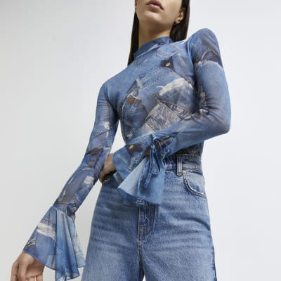 Blue printed high neck top | River Island (UK & IE)