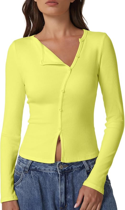 QINSEN Women's Long Sleeve Ribbed Crewneck Shirts Upper Button Fastening Going Out Tops | Amazon (US)