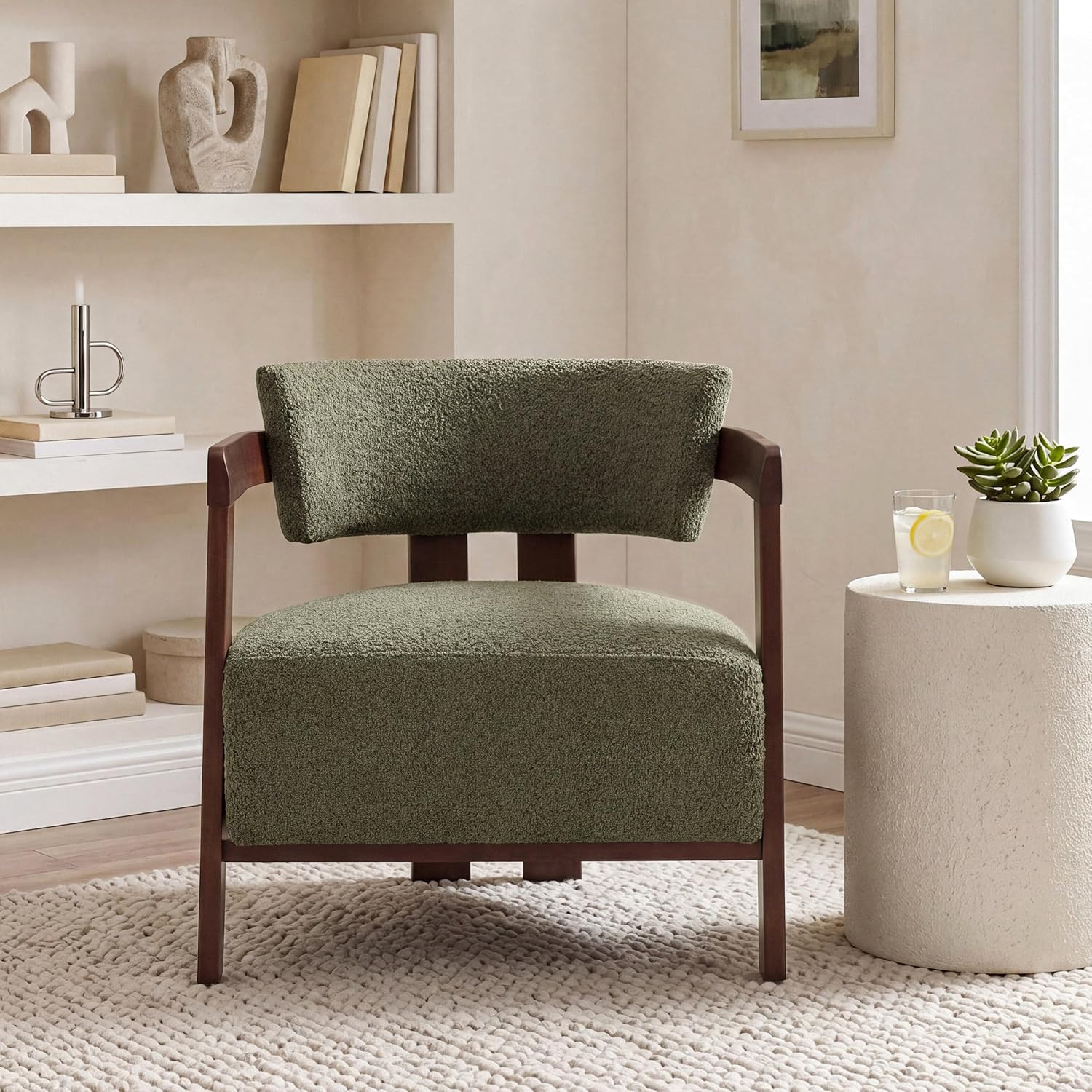 Christopher Knight Home Kirk Mid-Century Modern Accent Chair, Boucle Upholstered Club Chair with Rubber Wood Open-Frame, Comfy Reading Chair for Living Room Bedroom, Olive + Walnut | Amazon (US)