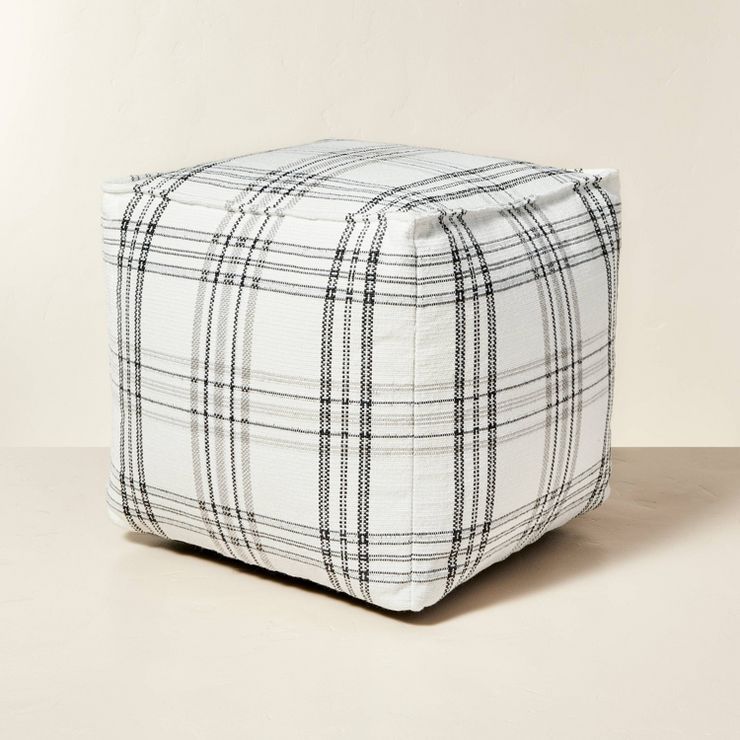 Plaid Indoor/Outdoor Pouf Ottoman Gray/Cream - Hearth & Hand™ with Magnolia | Target