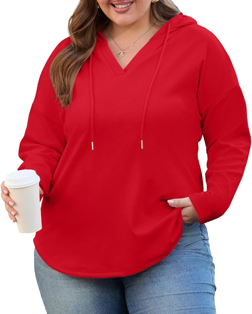 OLRIK Plus Size Hooded For Women V Neck Pullover Oversized Sweatshirts Long Sleeve Tops Loose Fit | Amazon (US)