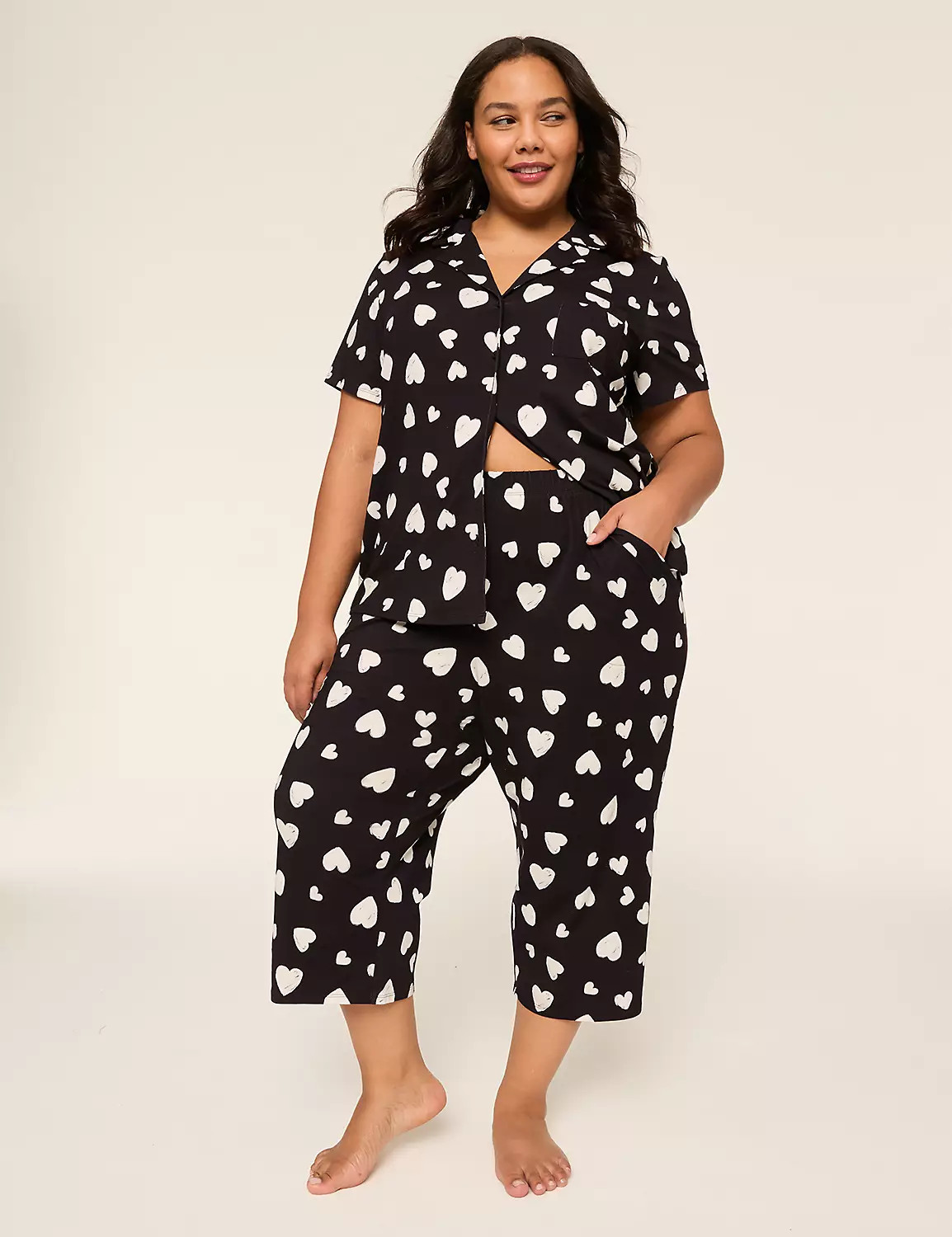 Comfy Cotton Notch-Collar Shirt & Crop Pant PJ Set | Lane Bryant (US)