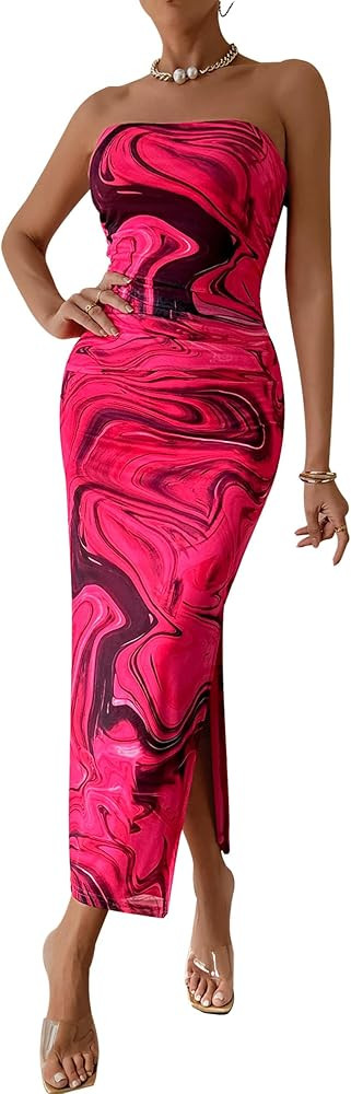 PRETTYGARDEN Women's Summer Wedding Guest Dress Strapless Tube Top Maxi Bodycon Long Floral Mesh ... | Amazon (US)
