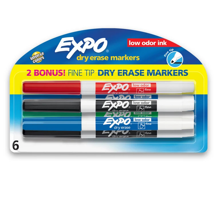 Expo Low Odor Dry Erase Markers, Fine Tip, Assorted Colors, Includes 2 Bonus Markers, 6 Count | Walmart (US)