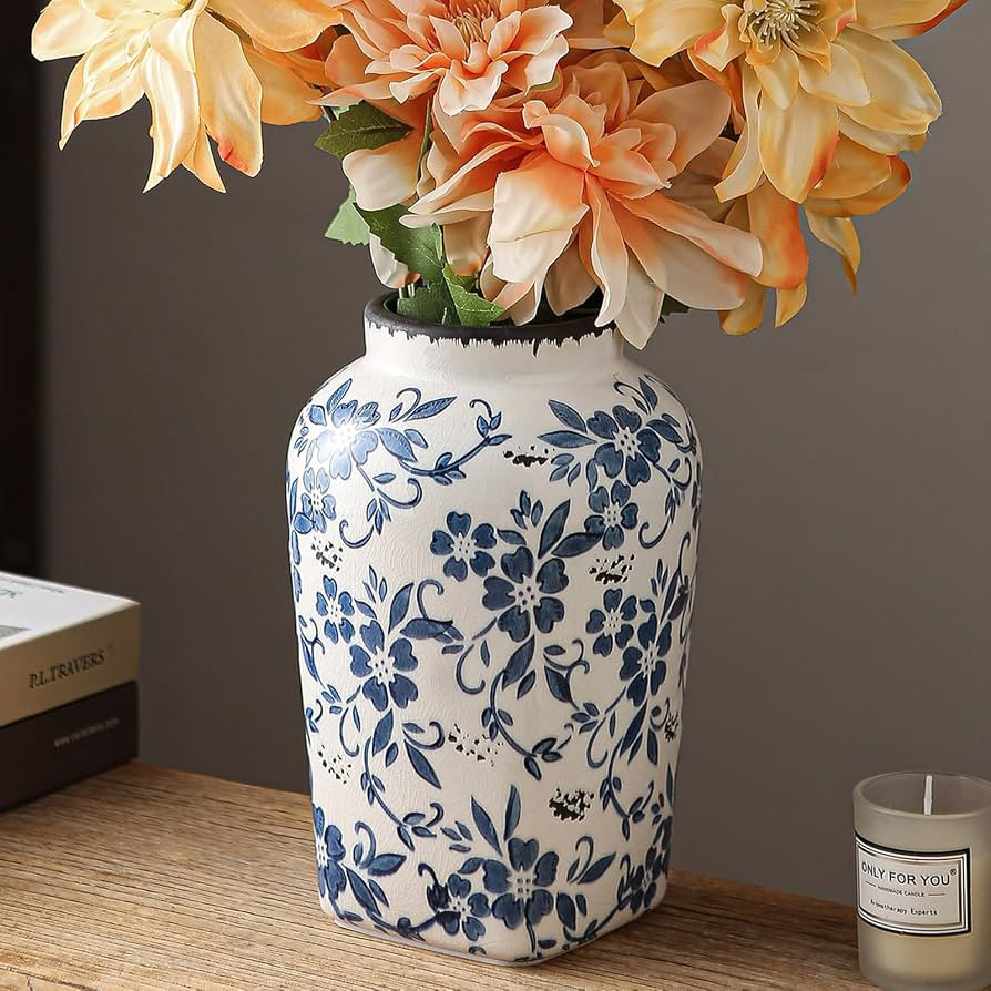 SURE YUESI Blue and White Chinoiserie Vase, Handmade Vintage Floral Ceramic Vase, Round Blue Vase... | Amazon (US)