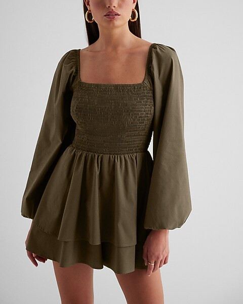 Square Neck Long Sleeve Smocked Poplin Romper | Express