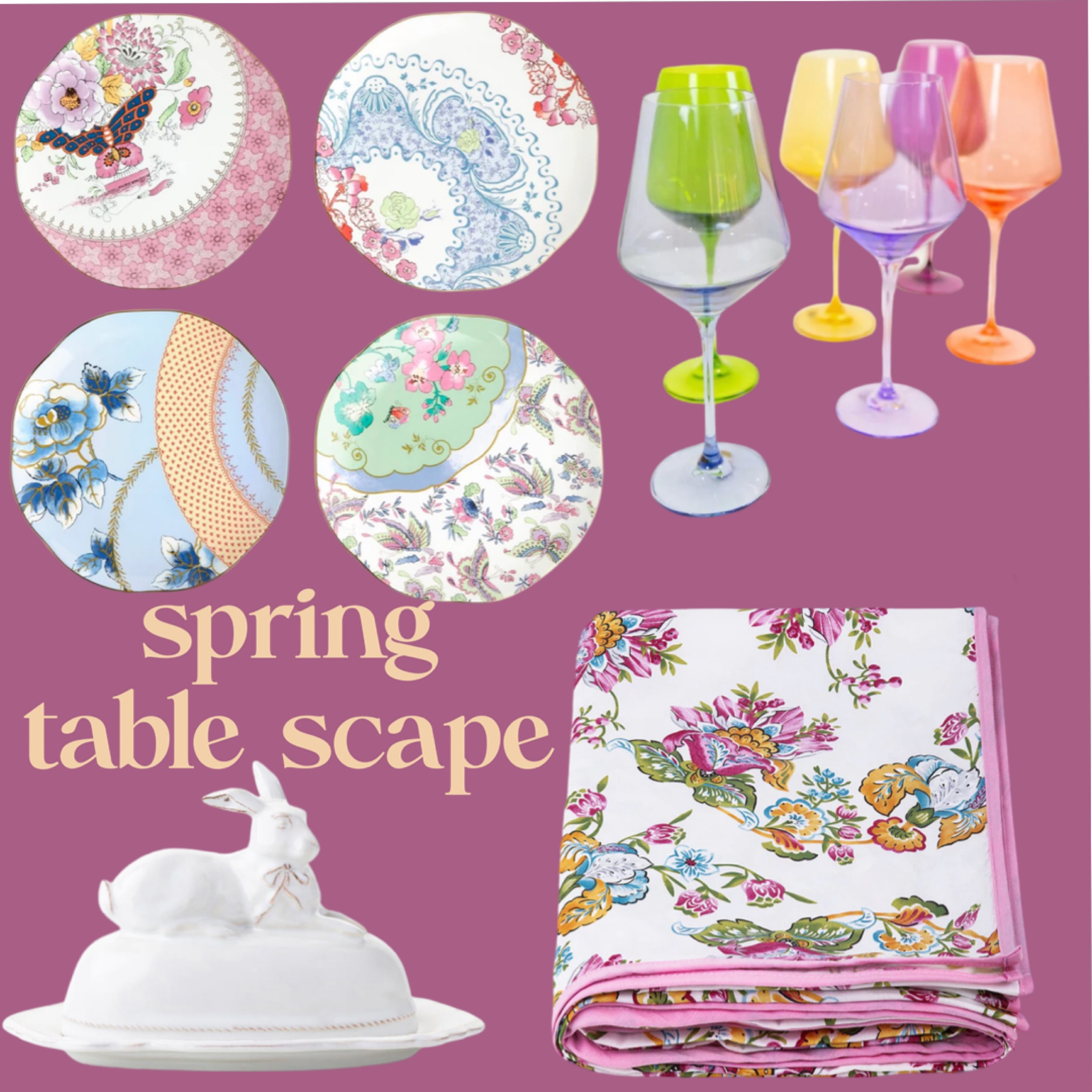 Easter Spring Table Scape 2023. Refresh your dining table with gorgeous colored glass and stemware, beautiful linen table cloth, decorative spring plates and unique tableware accessories. Make your holiday decor and dinner spread something to remember 

#LTKhome #LTKSeasonal #LTKFind