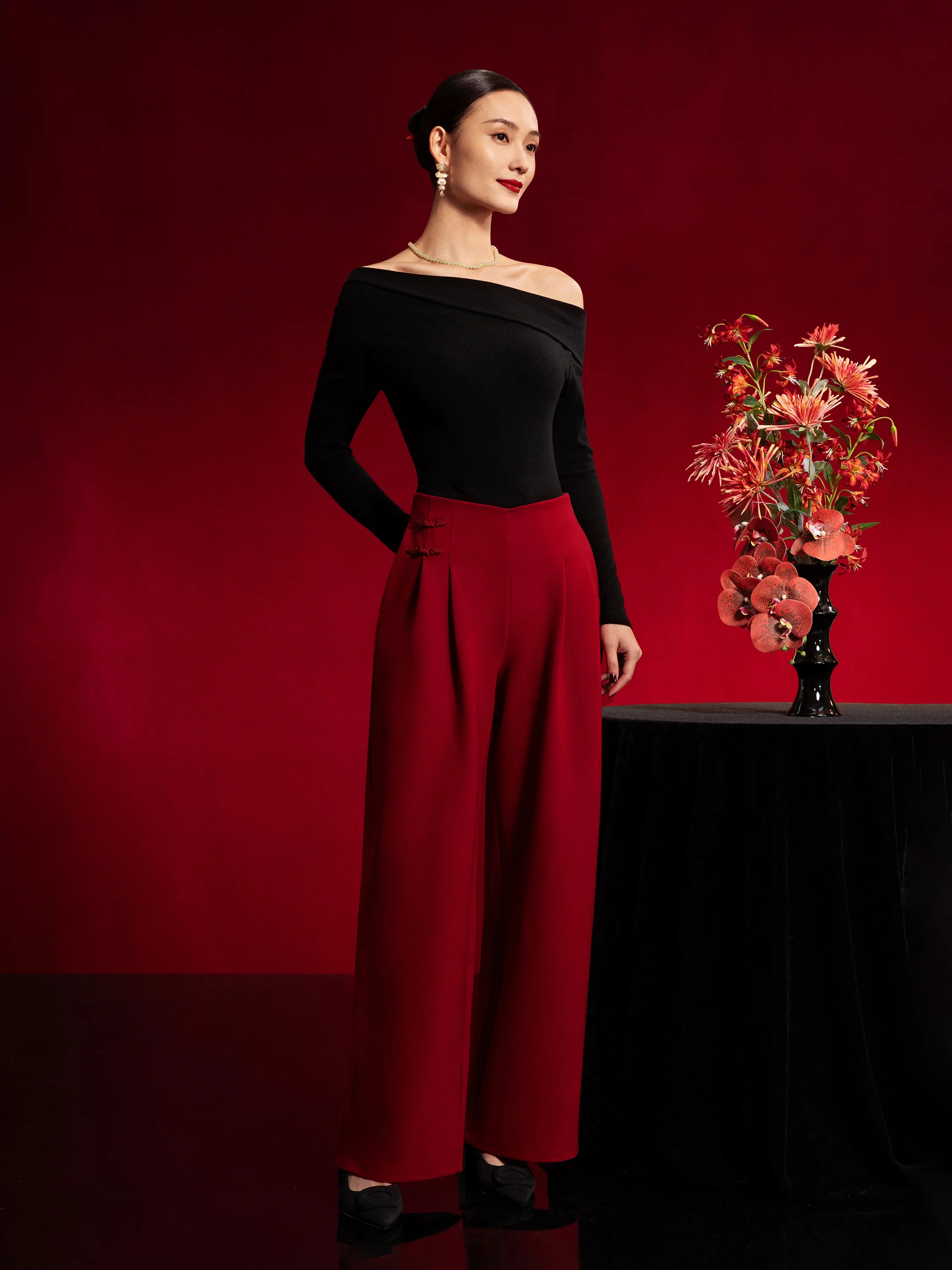 Statement Frog Button High Rise Wide Leg Pants with Pockets Limited Edition | OGLmove