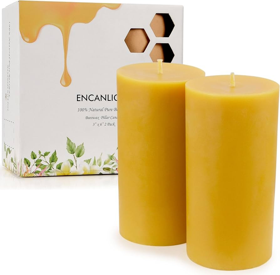 Beeswax Pillar Candles 3x6 Inch, Natural Pure Bees Wax Candles 2 Pack, 90-100 Hours Long Burning,... | Amazon (US)