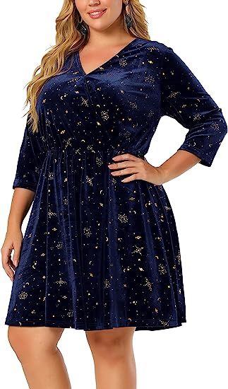 Agnes Orinda Plus Size Wrap Dresses for Women V Neck 3/4 Sleeves Shiny Fit and Flare Party Velvet... | Amazon (US)